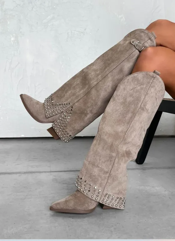 Suede Studded Western Knee-High Boots -Beige