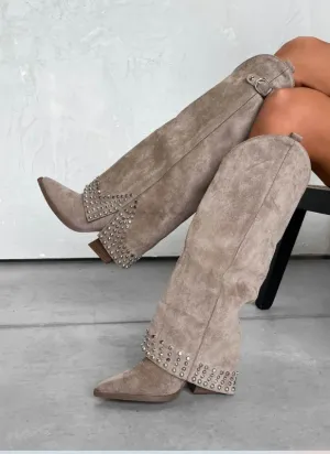 Suede Studded Western Knee-High Boots -Beige