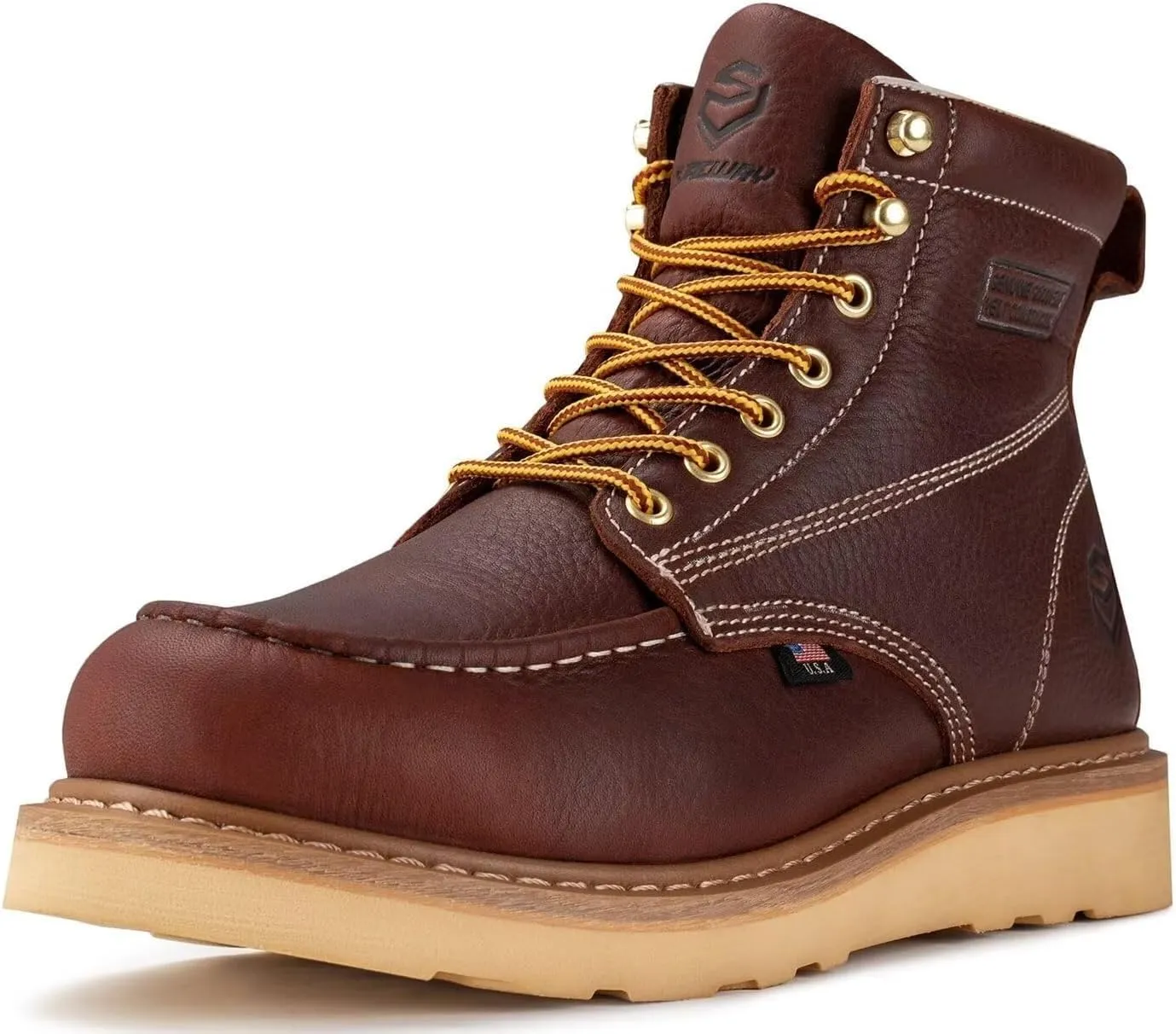 SUREWAY 6 in Mens Soft Toe Work Boots for Men-Full Grain Leather,Goodyear,Non-Slip EH Safety Industial Construction Wedge Moc Toe Work Boots/Shoes