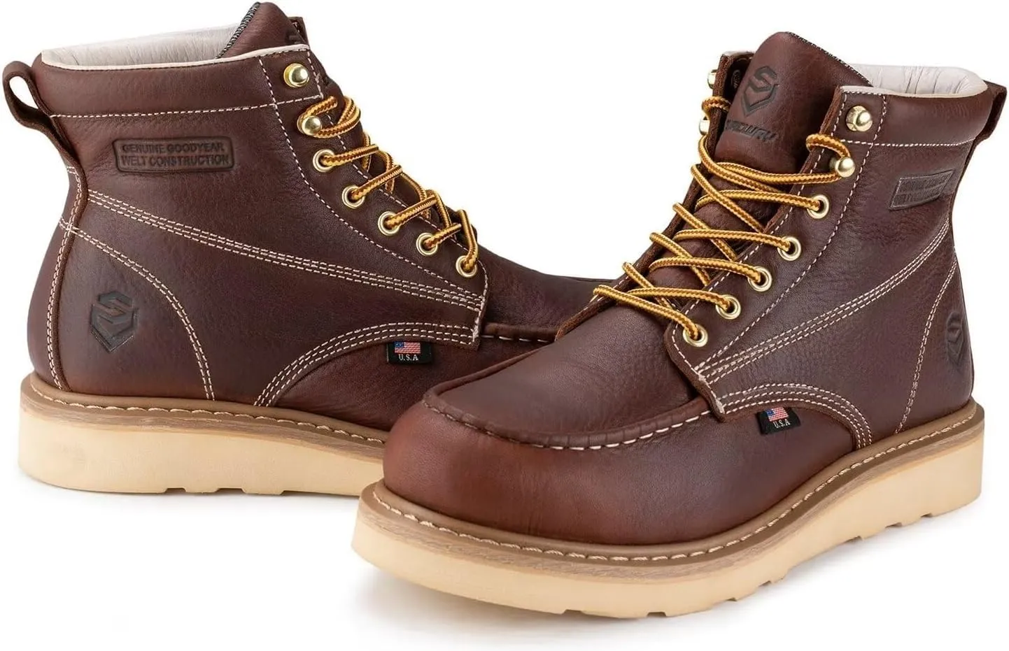 SUREWAY 6 in Mens Soft Toe Work Boots for Men-Full Grain Leather,Goodyear,Non-Slip EH Safety Industial Construction Wedge Moc Toe Work Boots/Shoes