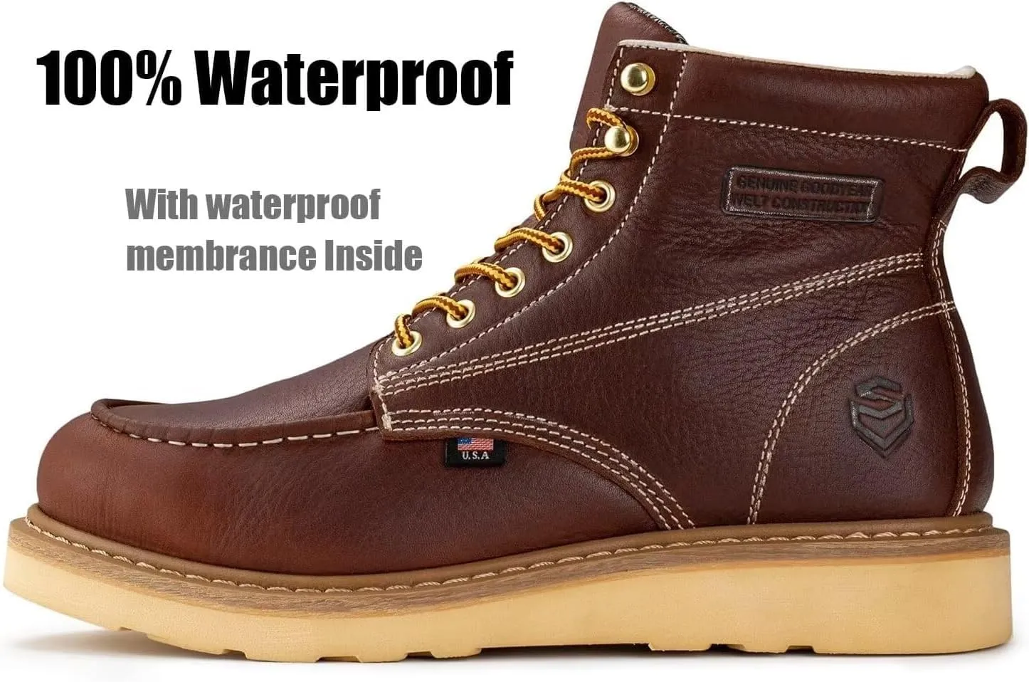 SUREWAY 6 in Mens Soft Toe Work Boots for Men-Full Grain Leather,Goodyear,Non-Slip EH Safety Industial Construction Wedge Moc Toe Work Boots/Shoes
