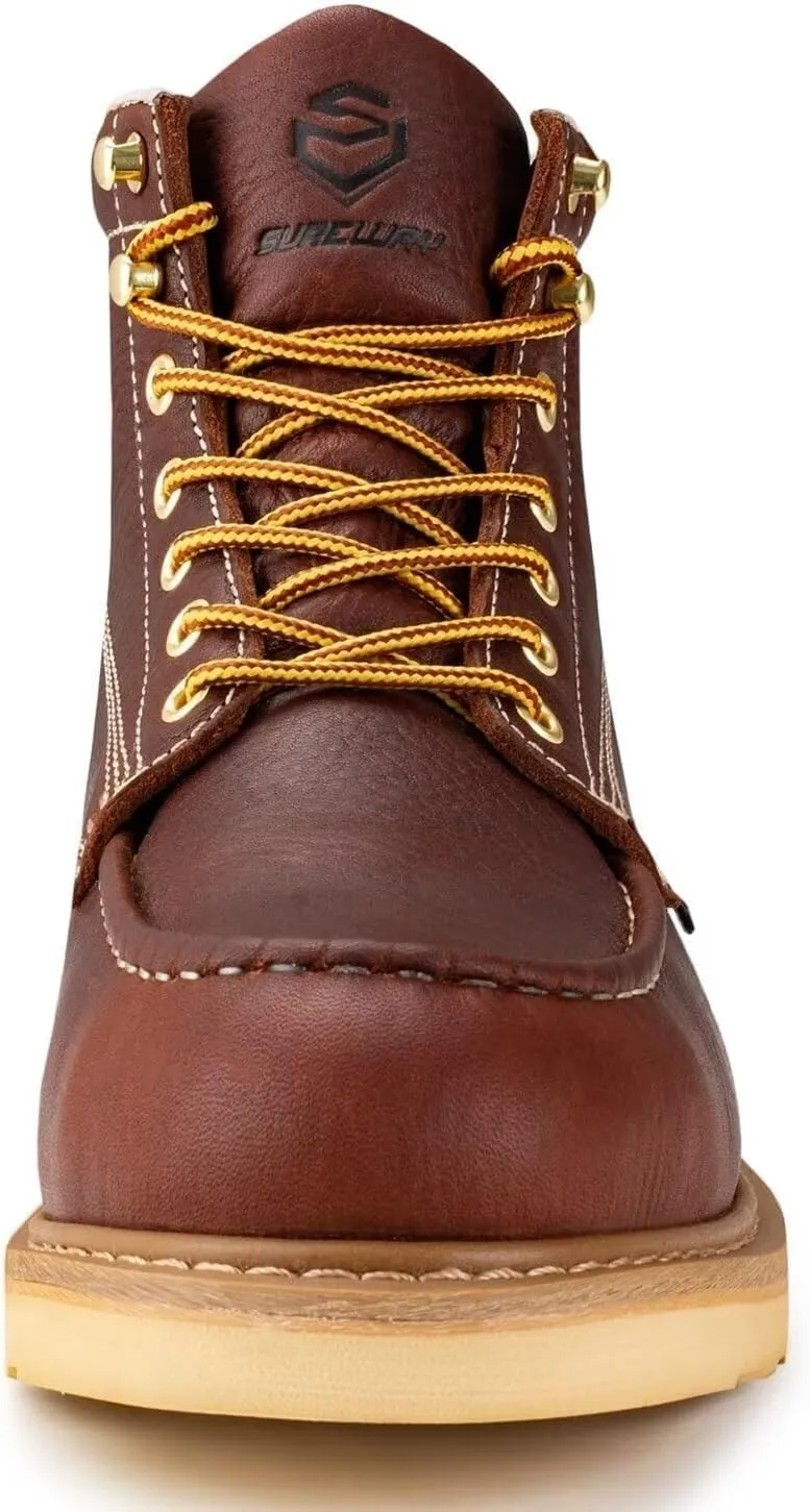 SUREWAY 6 in Mens Soft Toe Work Boots for Men-Full Grain Leather,Goodyear,Non-Slip EH Safety Industial Construction Wedge Moc Toe Work Boots/Shoes