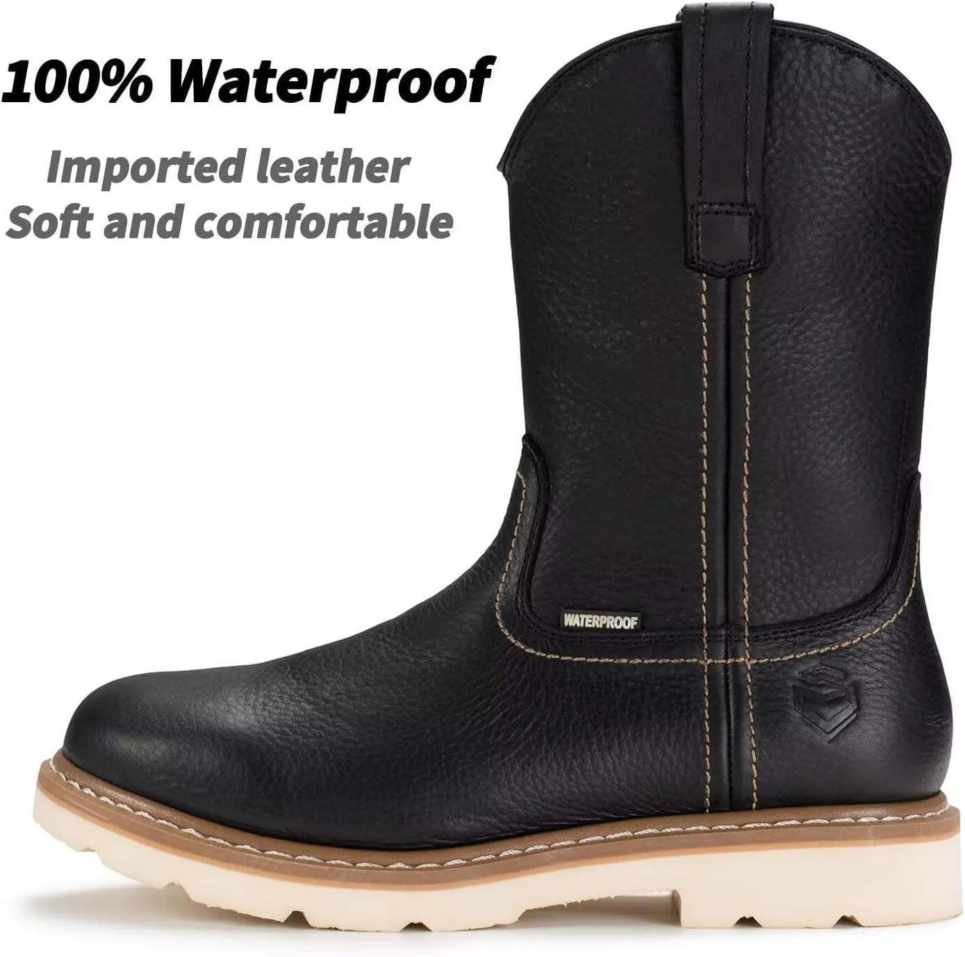 SUREWAY Mens 10 in Soft/Steel Toe Waterproof Wellington Boot,Heavy Duty Pull On Work Boots for Men,Full Grain Leather,Goodyear Welted,Superior Slip Resistant,Waterproof Soft Toe Black,Size 8