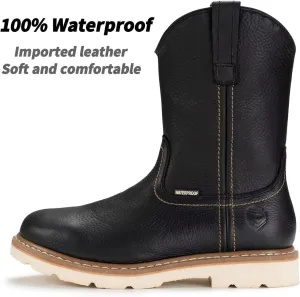SUREWAY Mens 10 in Soft/Steel Toe Waterproof Wellington Boot,Heavy Duty Pull On Work Boots for Men,Full Grain Leather,Goodyear Welted,Superior Slip Resistant,Waterproof Soft Toe Black,Size 8