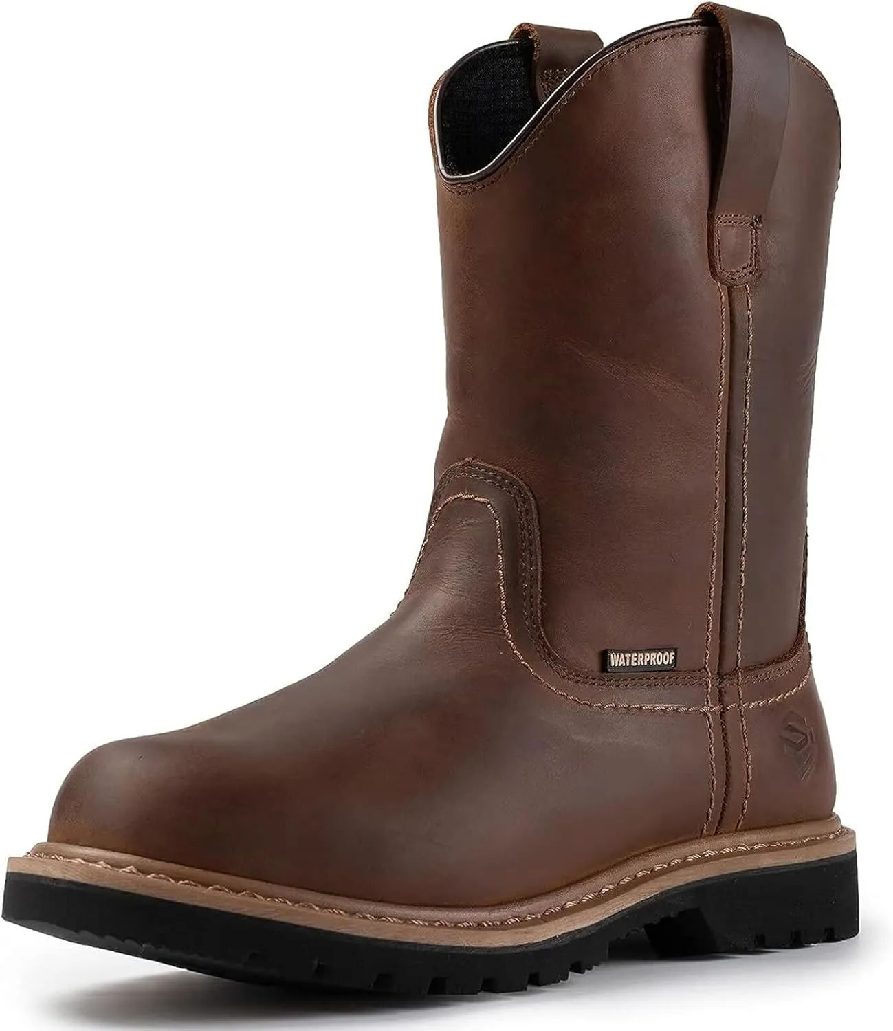 SUREWAY Mens 10 in Soft/Steel Toe Waterproof Wellington Boot,Heavy Duty Pull On Work Boots for Men,Full Grain Leather,Goodyear Welted,Superior Slip Resistant,Waterproof Steel Toe Brown,Size 7