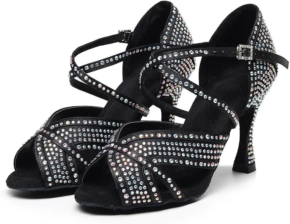 SWDZM Women Rhinestone Ballroom Dance Shoes Latin Salsa Performance Dance Shoes,Model QJW-Z011