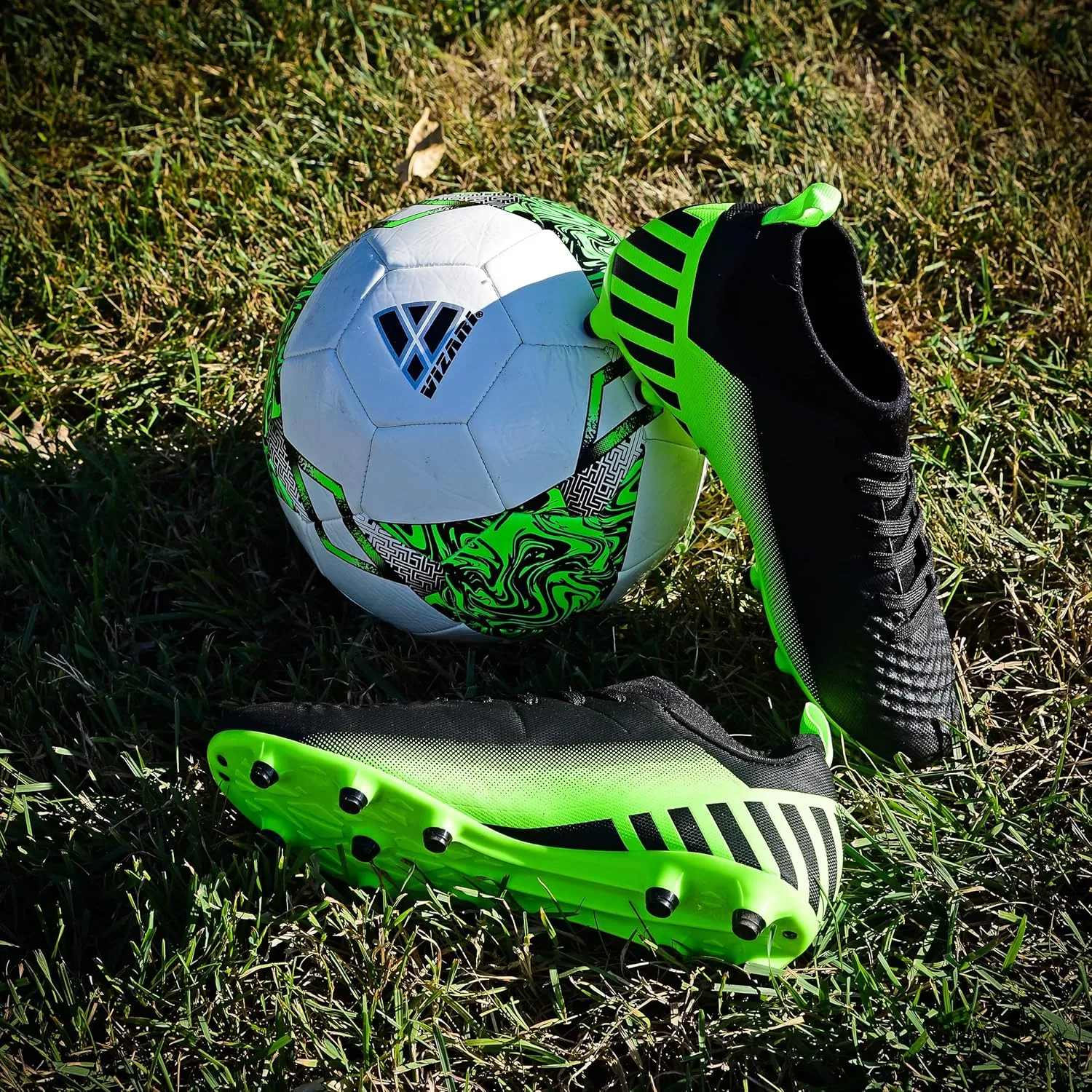 Vizari Santos FG Adult Soccer Cleats for Outdoor Play | Mid-Cut High Ankle Football Shoes for Mens | Molded TPU Outsole with Round Studs for Stability & Maximum Traction Black/Green