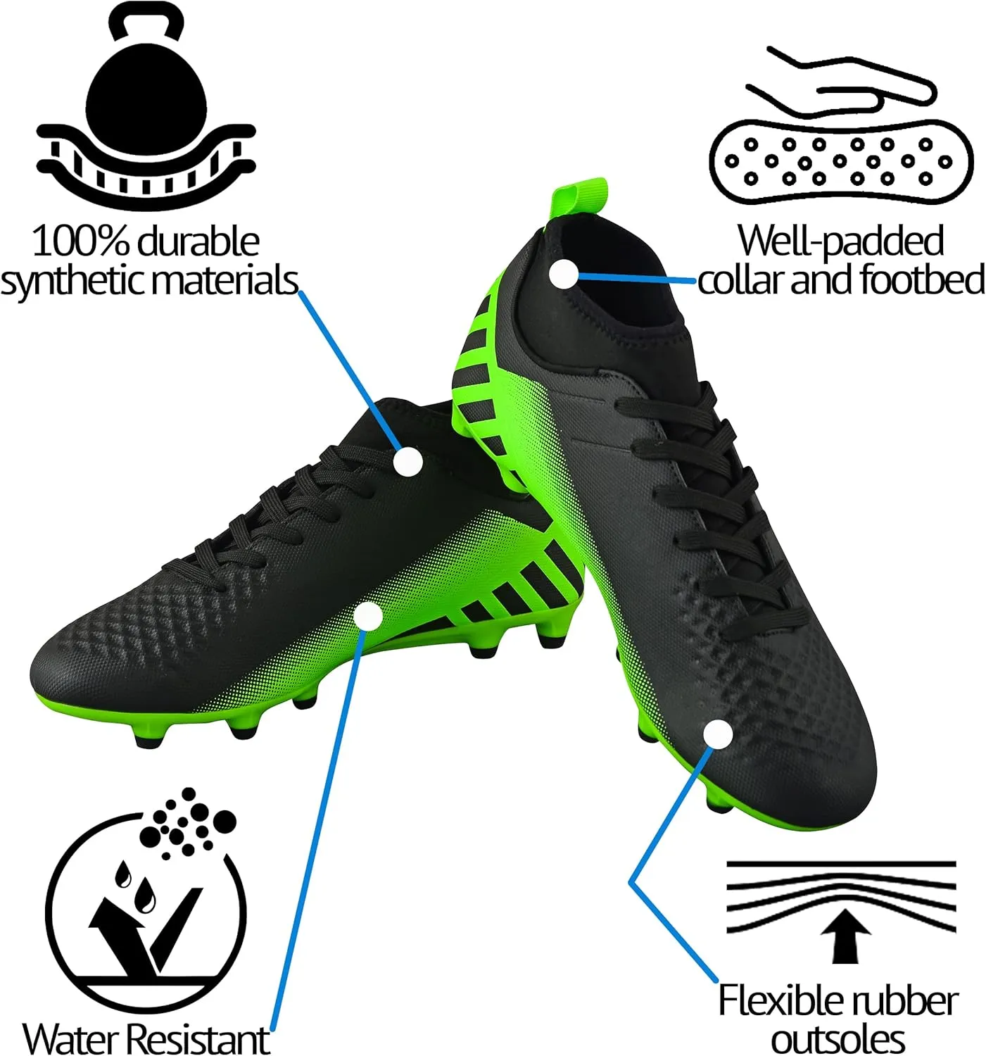 Vizari Santos FG Adult Soccer Cleats for Outdoor Play | Mid-Cut High Ankle Football Shoes for Mens | Molded TPU Outsole with Round Studs for Stability & Maximum Traction Black/Green