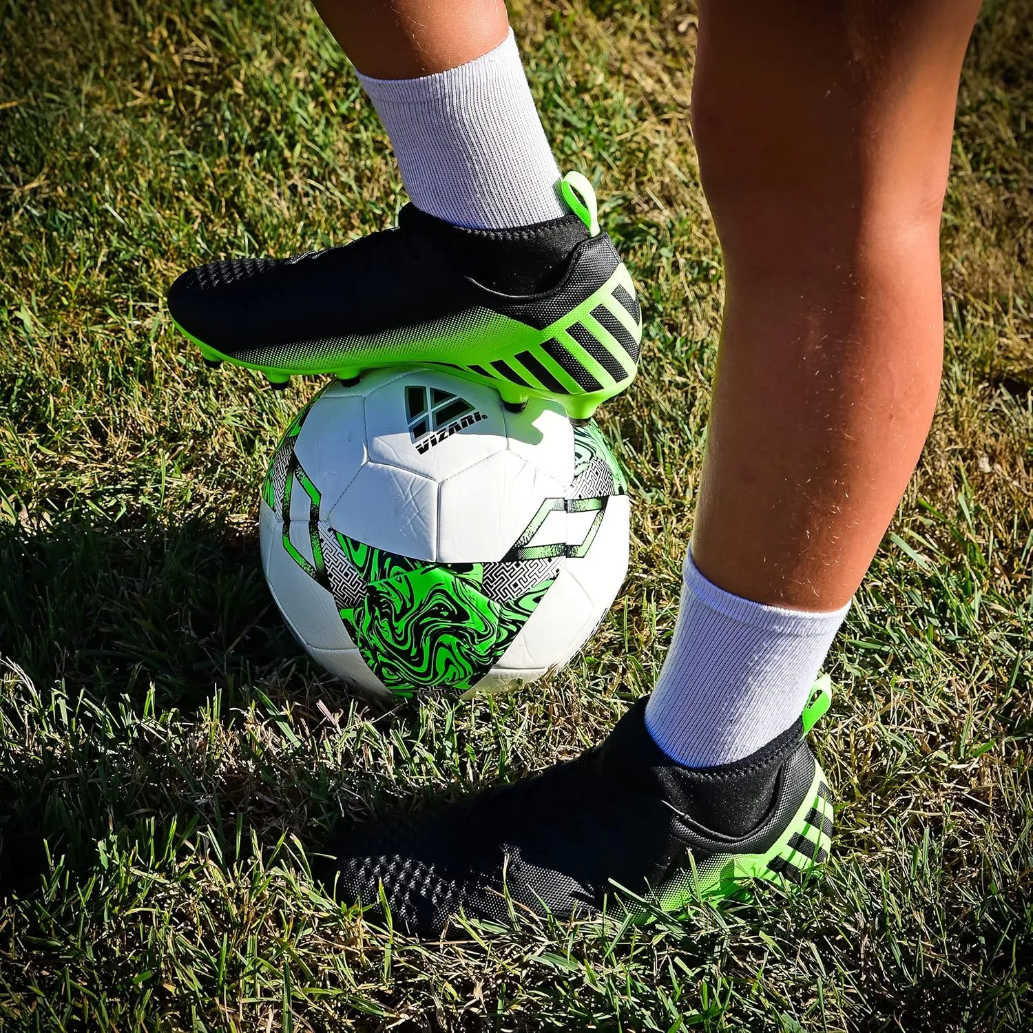 Vizari Santos FG Adult Soccer Cleats for Outdoor Play | Mid-Cut High Ankle Football Shoes for Mens | Molded TPU Outsole with Round Studs for Stability & Maximum Traction Black/Green