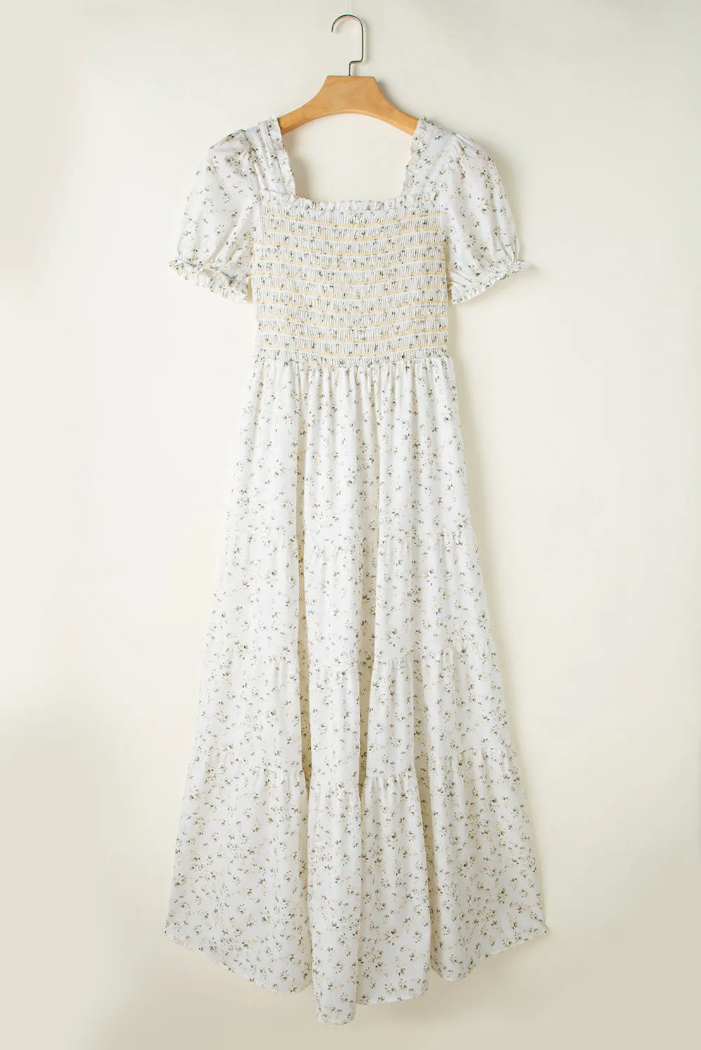 White Frill Neckline Shirred Bodice Floral Maxi Dress
