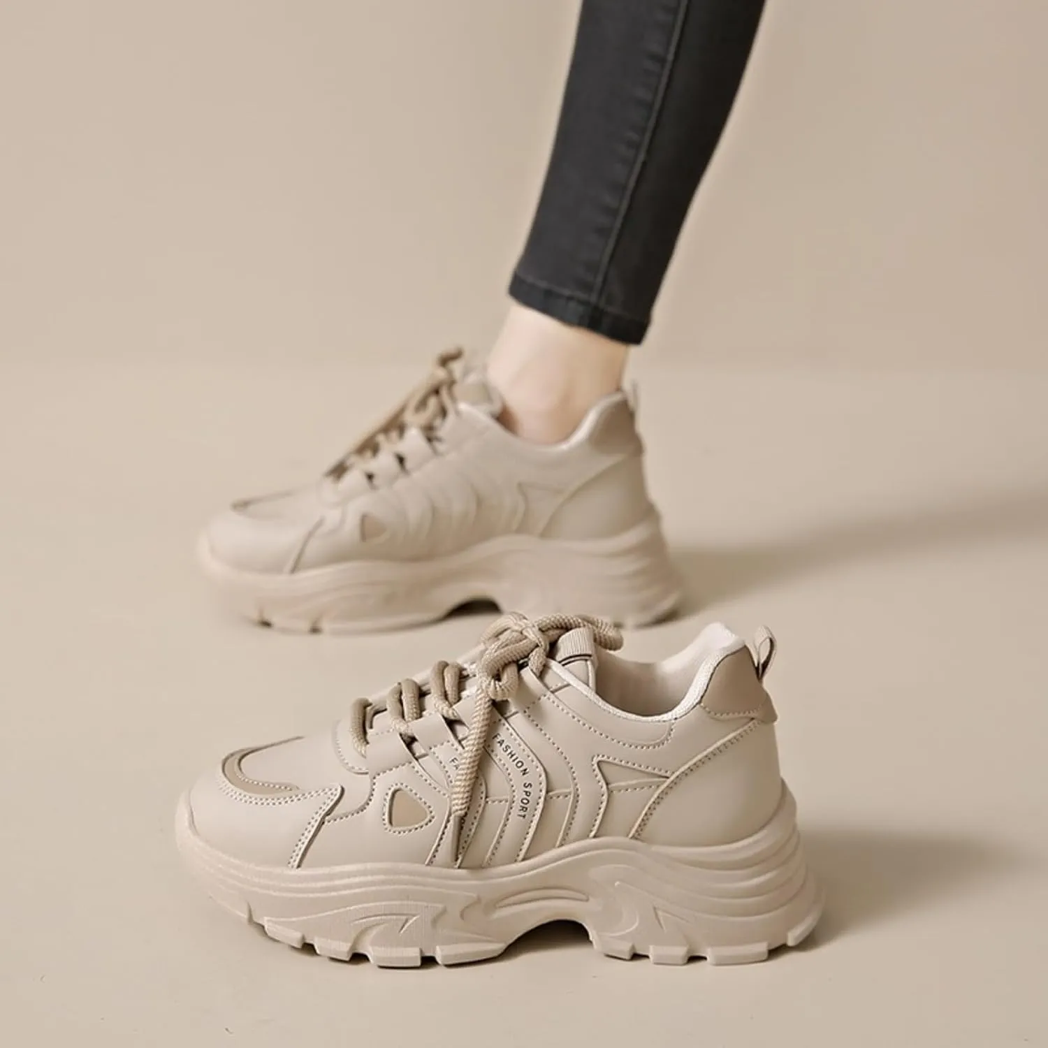 Womens Fashion Leather Lace-Up Chunky Sneakers Casual Platform Round Toe Non-Slip Sport Shoes for Walking Workout Driving
