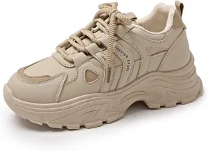 Womens Fashion Leather Lace-Up Chunky Sneakers Casual Platform Round Toe Non-Slip Sport Shoes for Walking Workout Driving