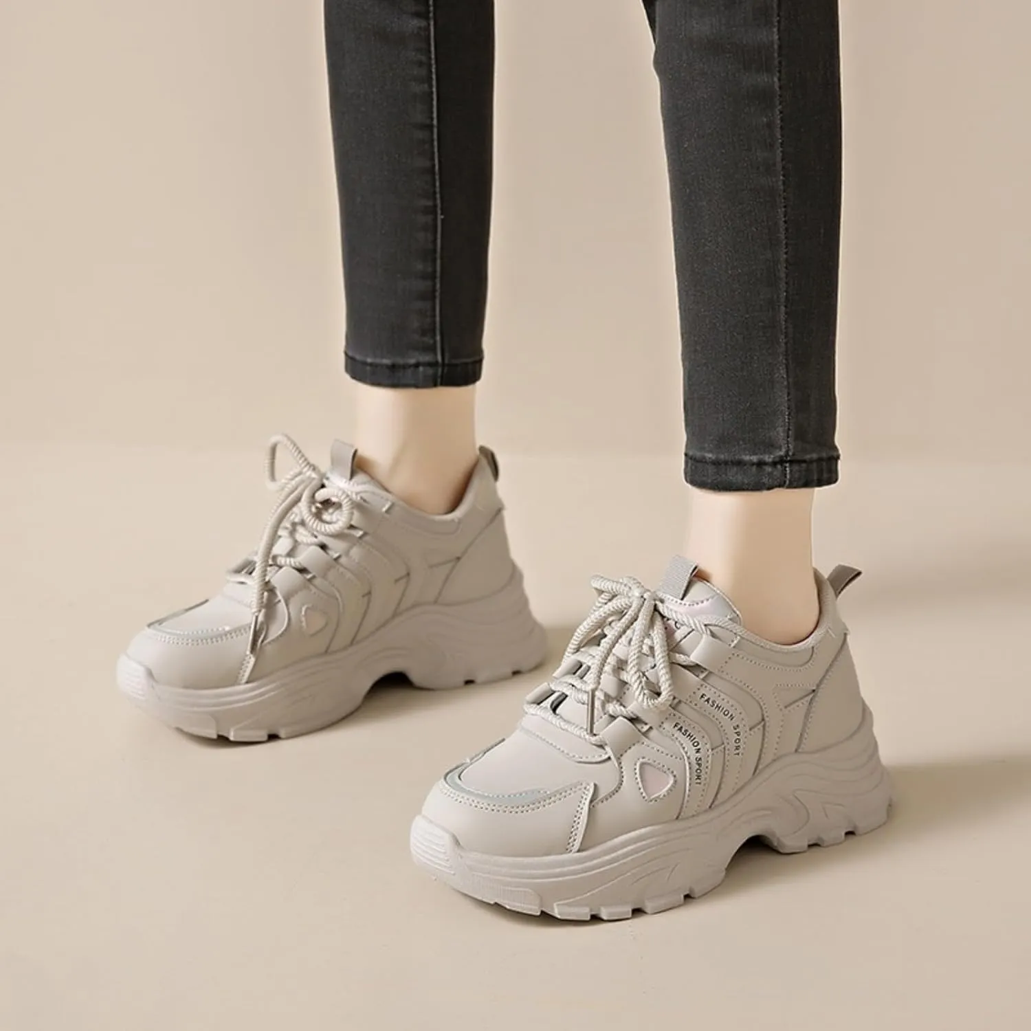 Womens Fashion Leather Lace-Up Chunky Sneakers Casual Platform Round Toe Non-Slip Sport Shoes for Walking Workout Driving