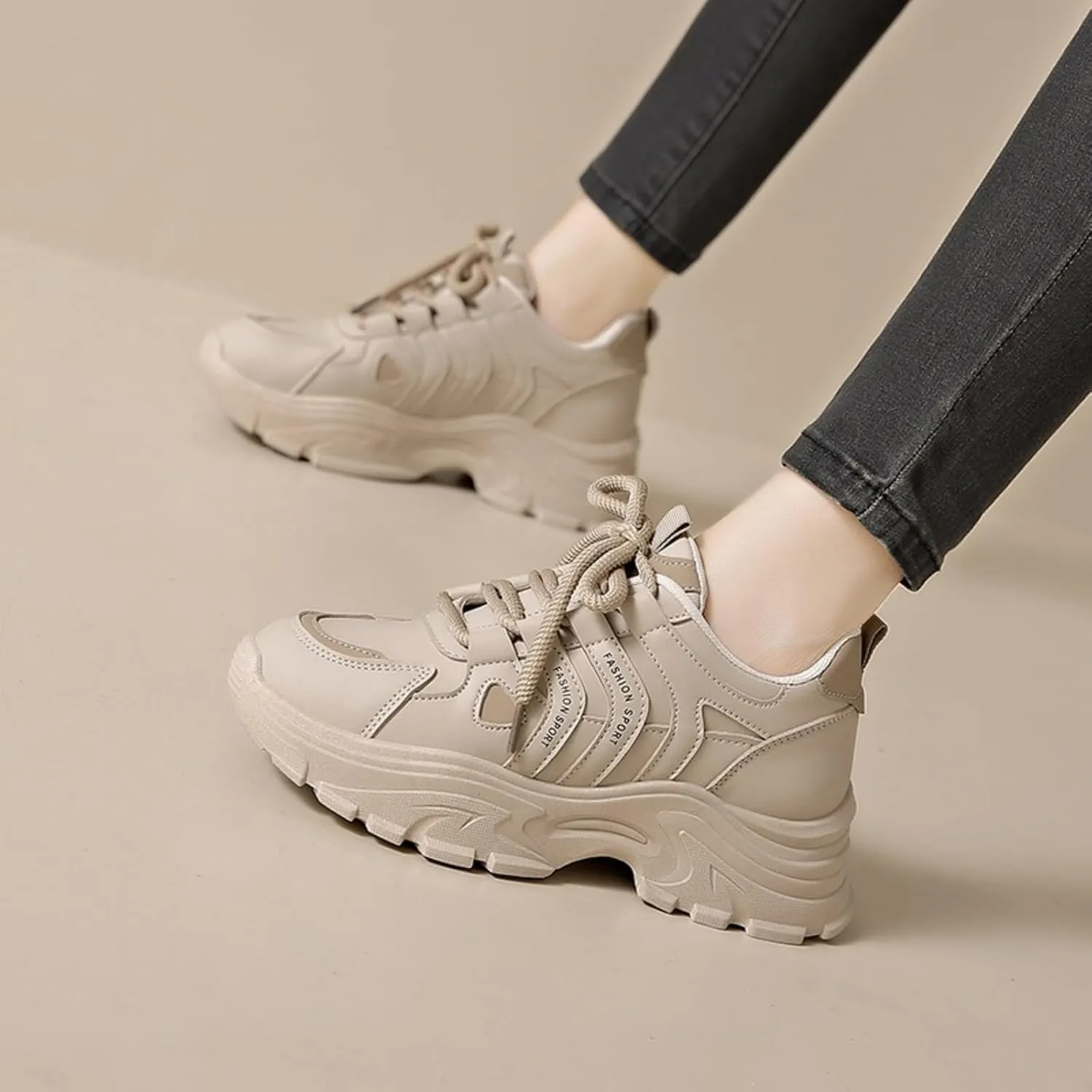 Womens Fashion Leather Lace-Up Chunky Sneakers Casual Platform Round Toe Non-Slip Sport Shoes for Walking Workout Driving