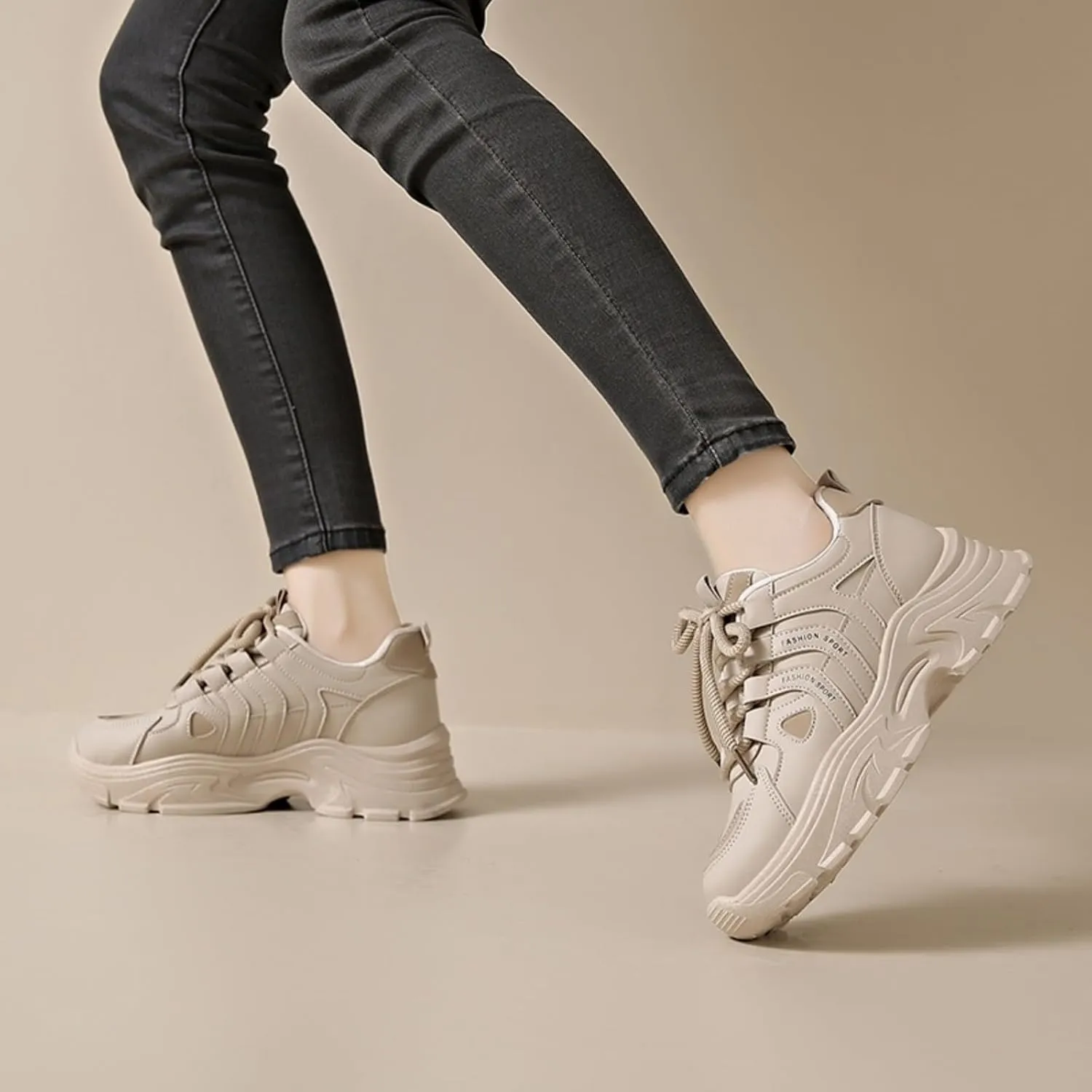 Womens Fashion Leather Lace-Up Chunky Sneakers Casual Platform Round Toe Non-Slip Sport Shoes for Walking Workout Driving