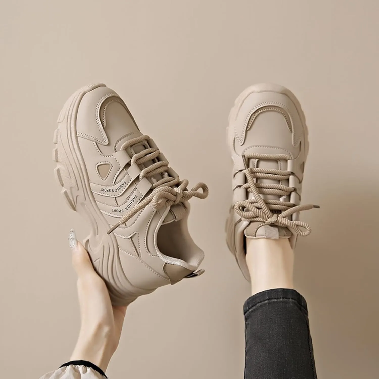 Womens Fashion Leather Lace-Up Chunky Sneakers Casual Platform Round Toe Non-Slip Sport Shoes for Walking Workout Driving