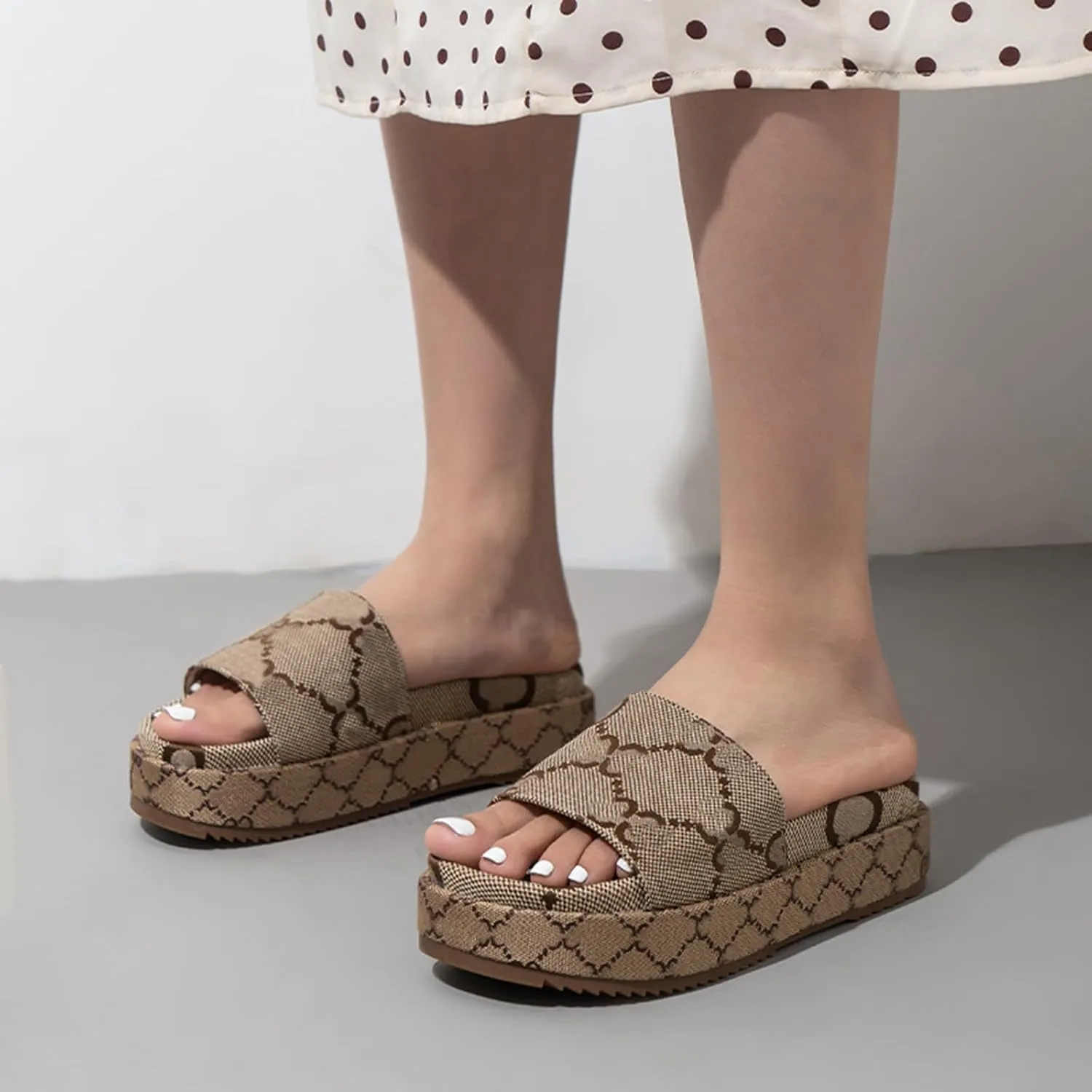 Women's Platform Sandals Comfort Slip-On Canvas Strap, Non-Slip Sole Slide Sandals for Summer