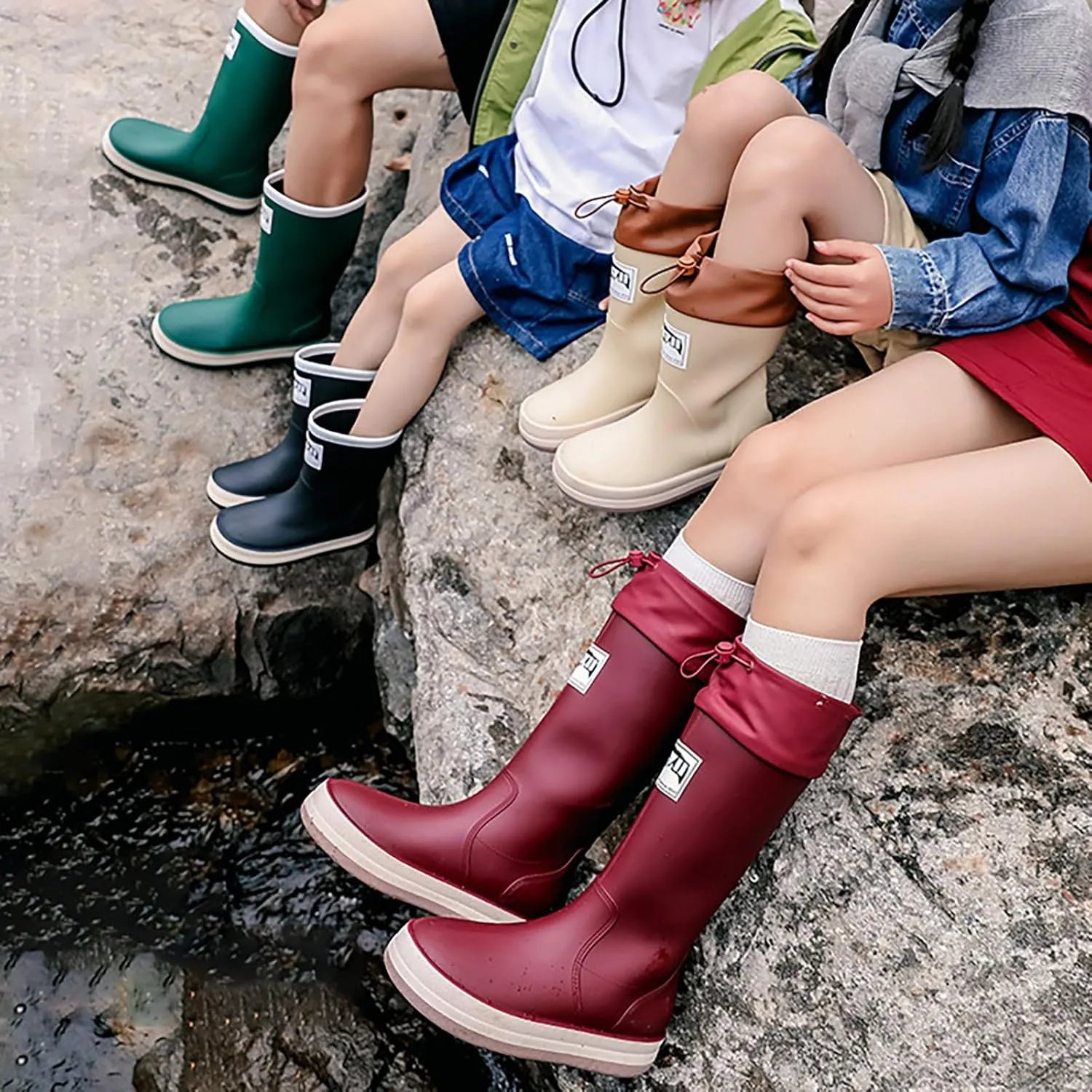 Womens Rain Boots Tall Waterproof Mens Grounded Footwear Lace Up Fall Booties 2024 Low Heel Slip On Barefoot Shoes Women's Ankle Rain Boots Rubber Fishing Deck