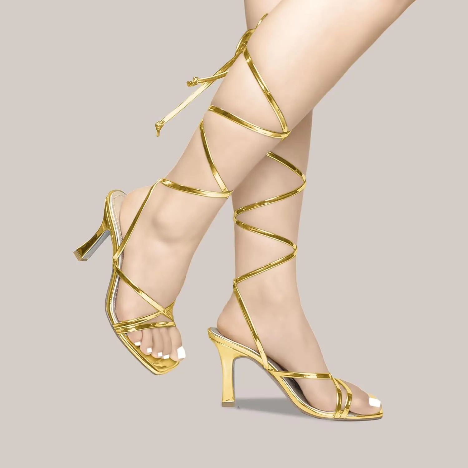 Womens Strappy Stiletto High Heeled Square Toe Sandals