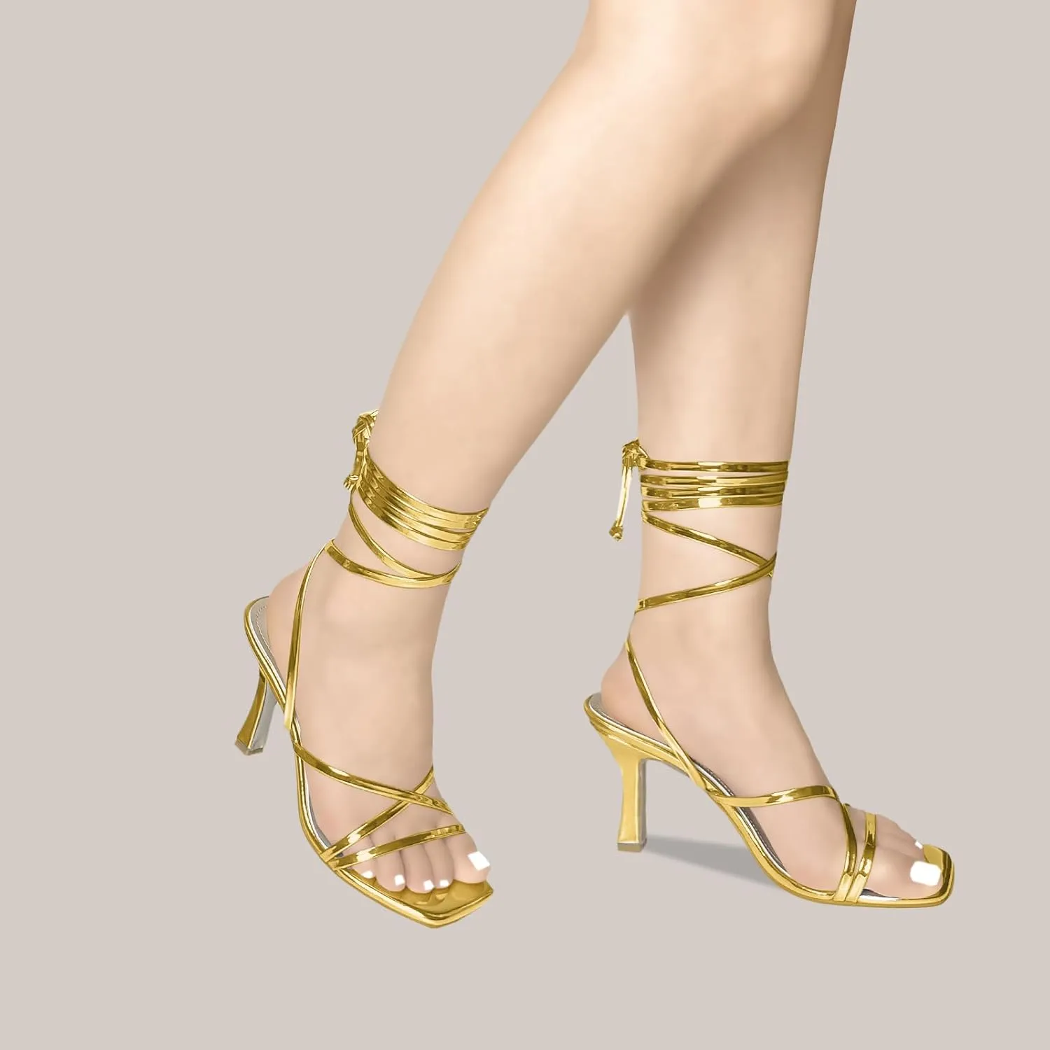 Womens Strappy Stiletto High Heeled Square Toe Sandals