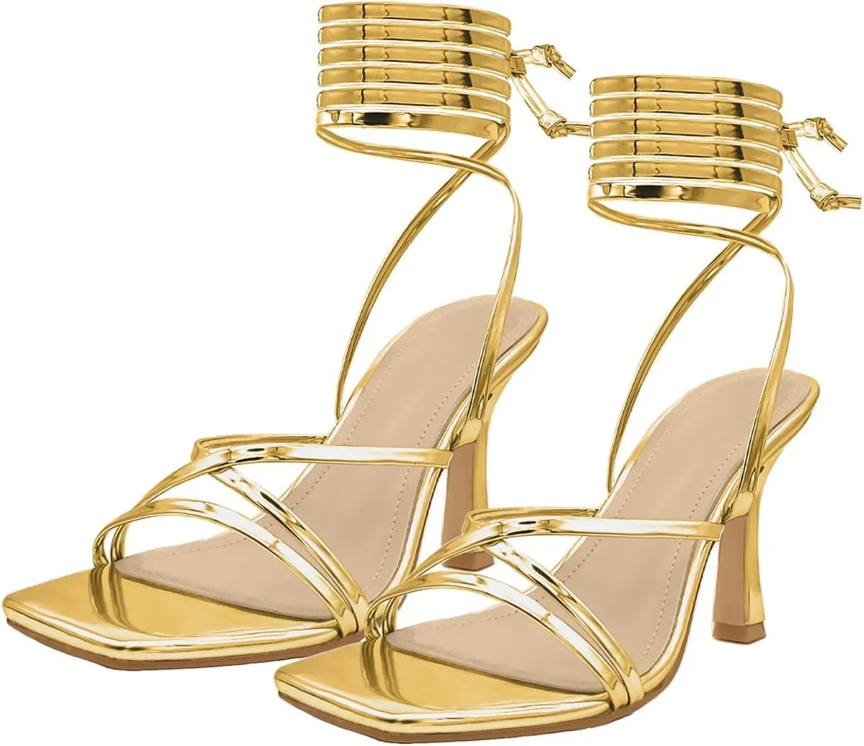 Womens Strappy Stiletto High Heeled Square Toe Sandals