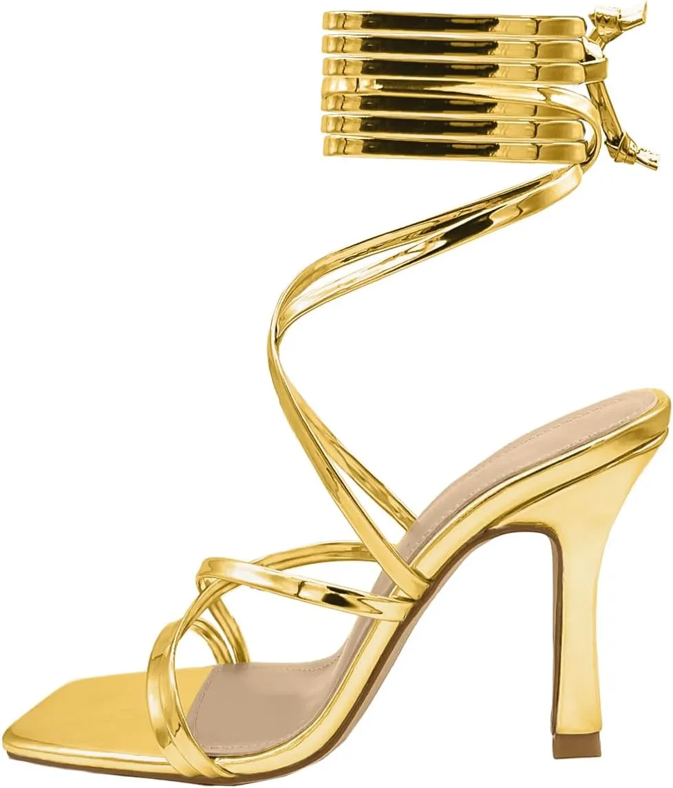 Womens Strappy Stiletto High Heeled Square Toe Sandals
