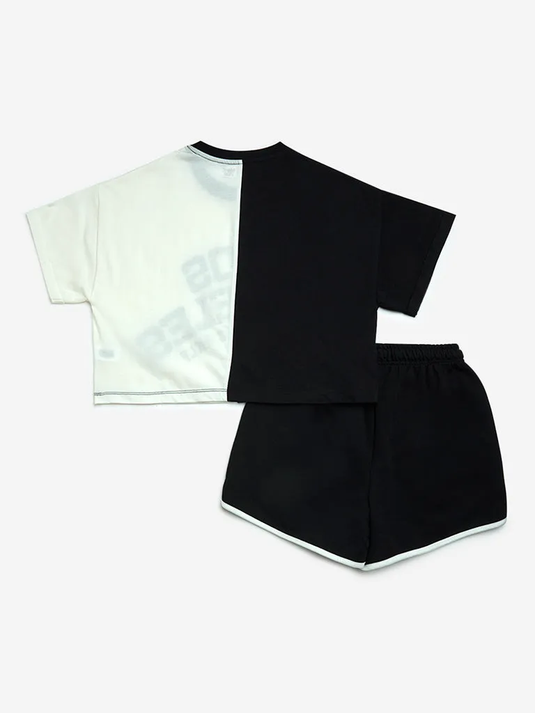Y&F Kids Black Printed Cotton-Blend T-Shirt with Shorts Set