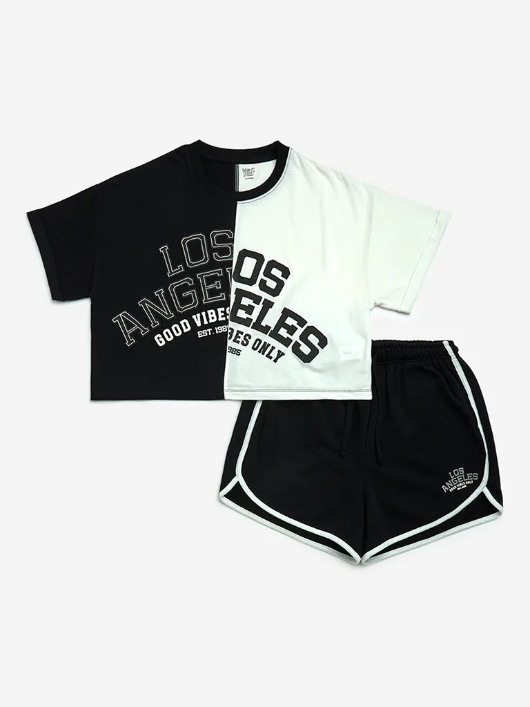 Y&F Kids Black Printed Cotton-Blend T-Shirt with Shorts Set