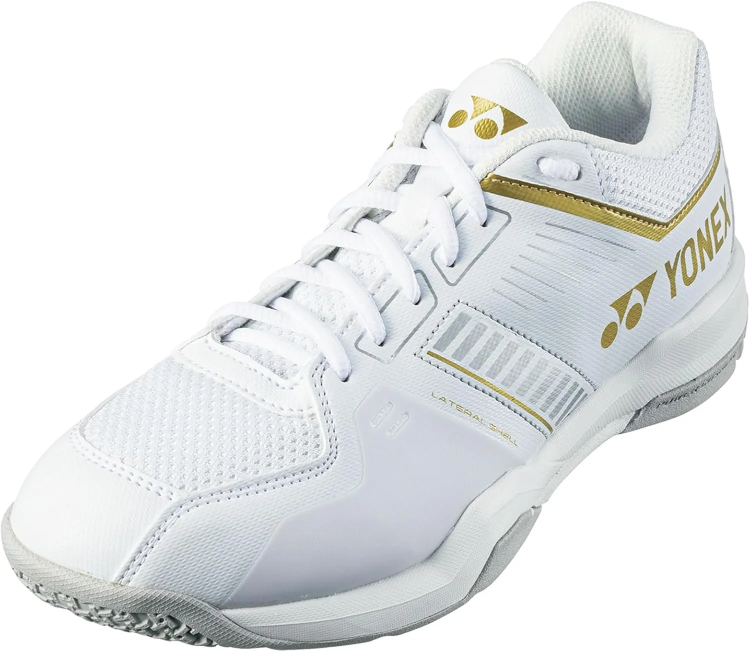 YONEX Men's Power Cushion Strider Flow Badminton Shoes - Lightweight Non-Marking Court Shoes with Superior Shock Absorption, White/Gold, 10.5